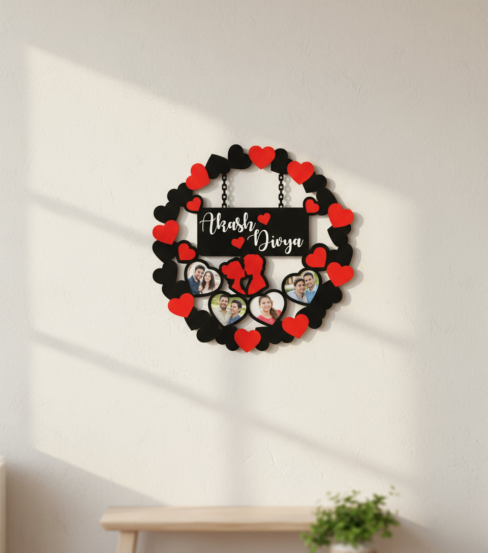 Heart-shaped photo frame with names 'Akash' and 'Divya' on a white background