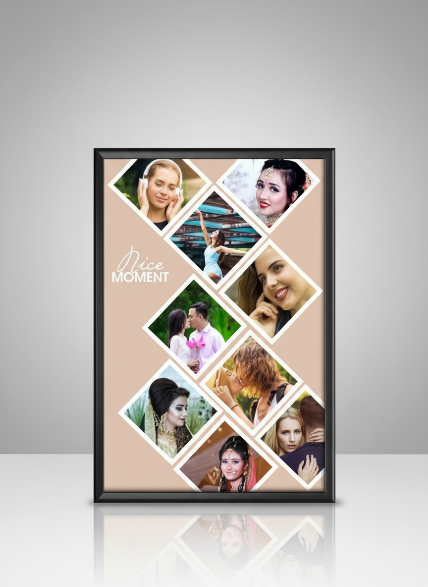 Collage photo frame with multiple photos of a woman on a beige background