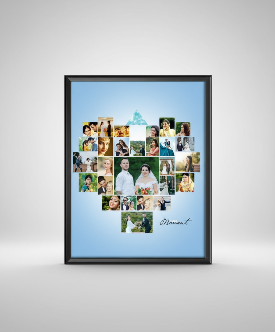 Heart-shaped collage of photos with 'Moment' text on a blue background