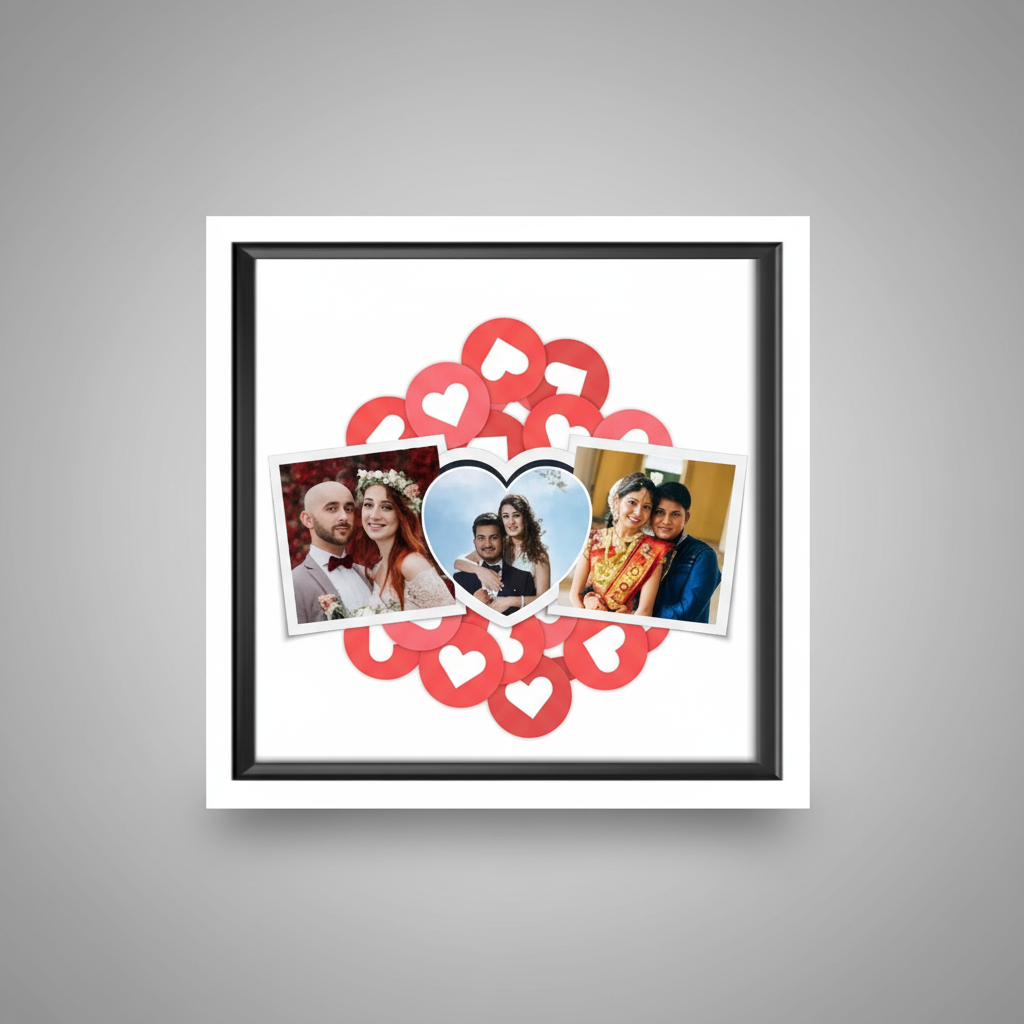 Framed photo collage with heart designs and family photos inside