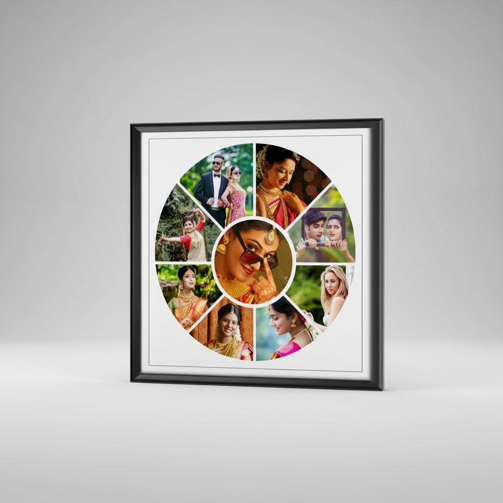 Circular photo collage with multiple images of people in various poses and outfits.