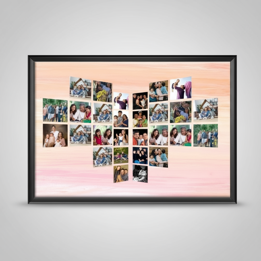 Framed collage of multiple photos on a pink and orange gradient background