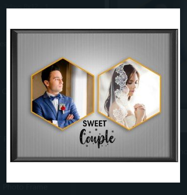 Framed photo display with two hexagonal sections, one with a man in a suit and the other with a woman in a wedding dress, with 'Sweet Couple' text.