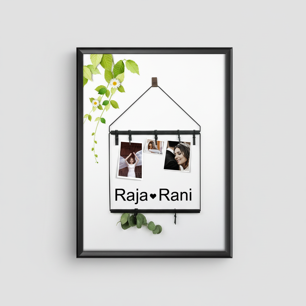 Decorative photo frame with hanging clips, photos, and the text 'Raja Rani' on a white background.