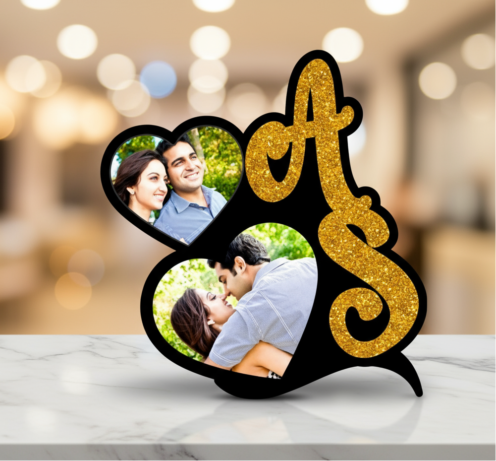 Personalized photo collage with a couple in a speech bubble frame, featuring the initials 'AS'.