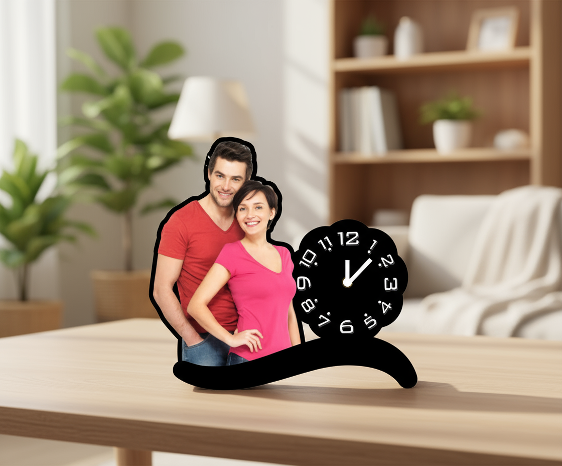 Black clock with cutout for a couple to stand inside, on a white background