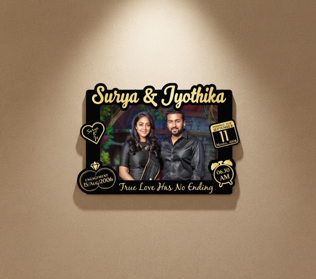 Promotional poster for 'Surya & Jyothika' with a couple and event details.