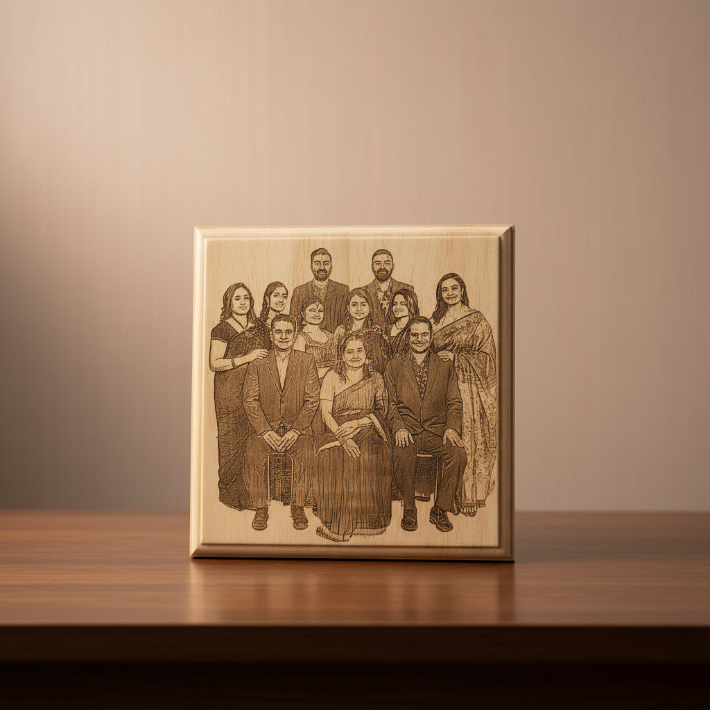 Wooden block with laser-engraved portrait of a family on a glass surface.