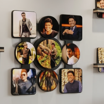 Circular collage of a man in various poses on a light gray background