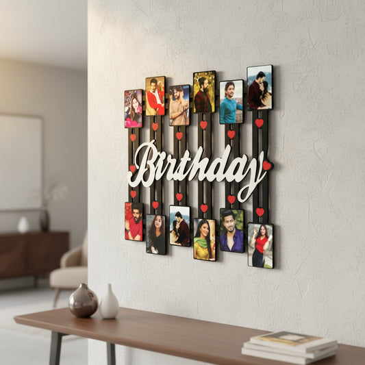 Decorative birthday frame with multiple photo slots and 'Birthday' text on a white background.