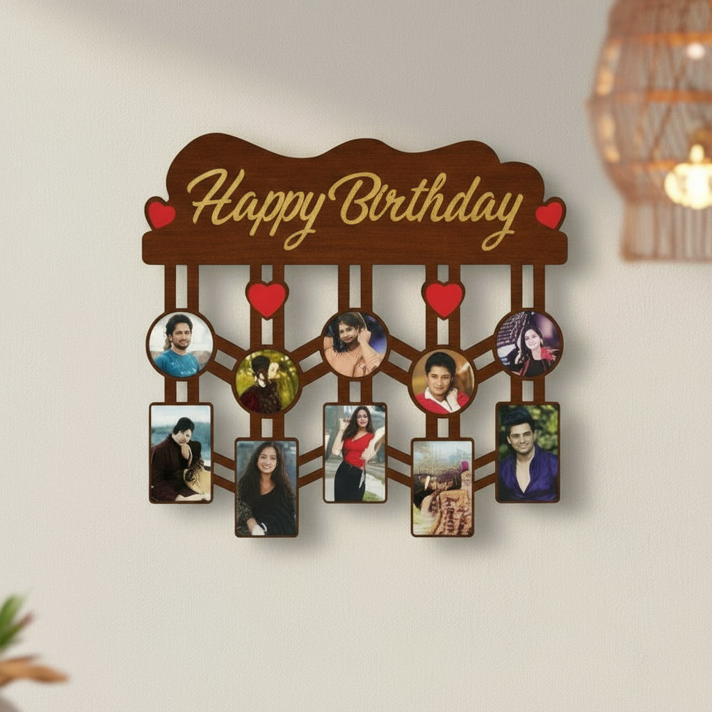 Wooden photo display with 'Happy Birthday' text and heart shapes, showing multiple photos.