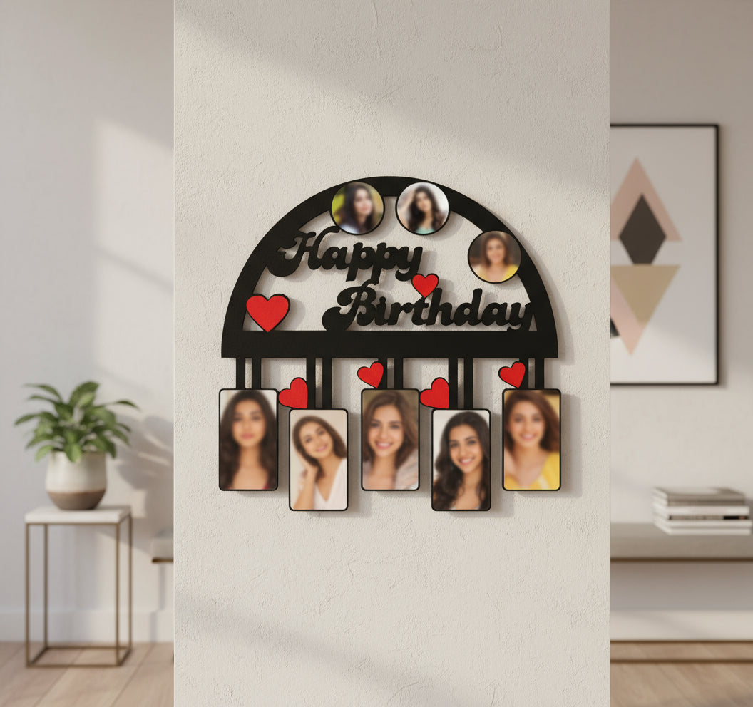 Decorative birthday sign with cutout photos and 'Happy Birthday' text