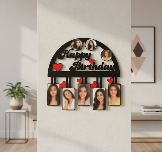 Decorative birthday sign with cutout photos and 'Happy Birthday' text