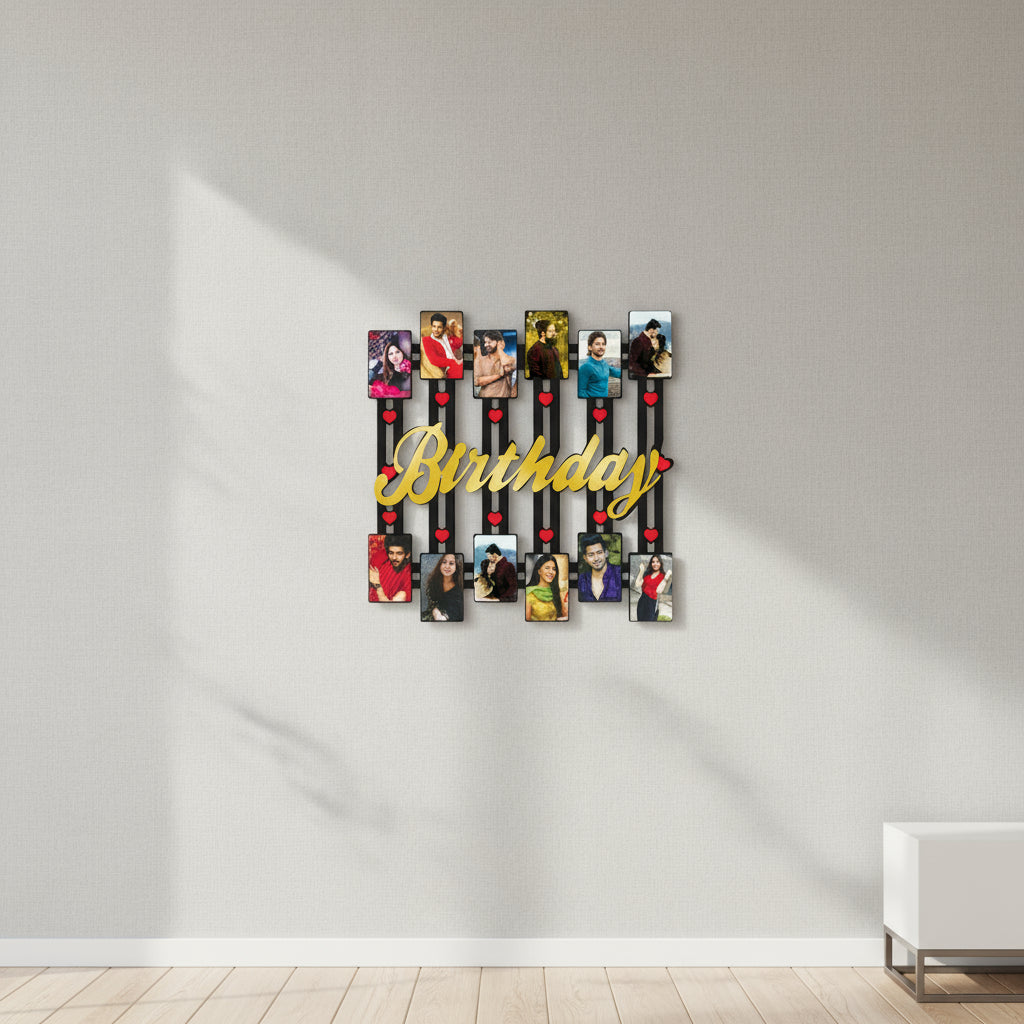 Decorative photo frame with 'Birthday' text and multiple photo slots on a white background.