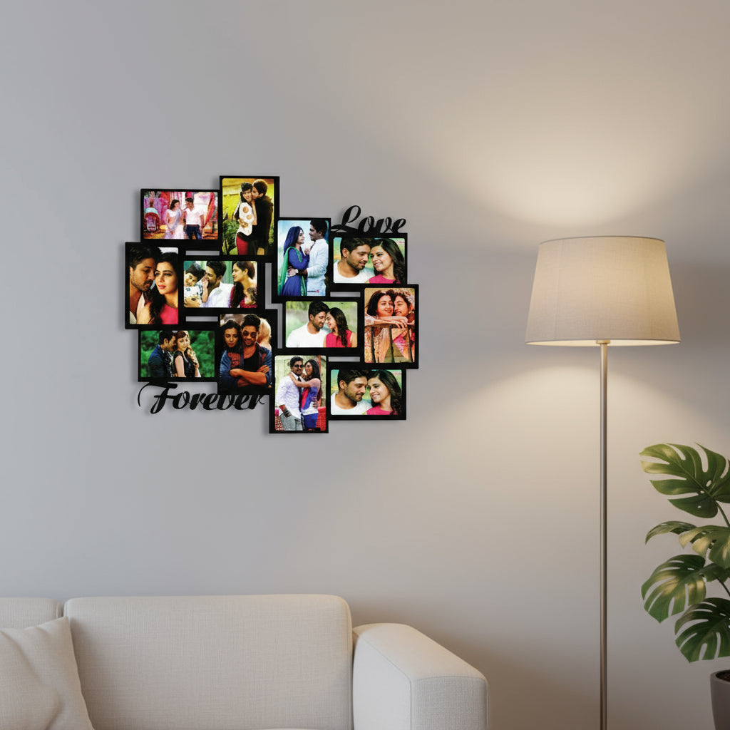 Collage of framed photos with 'Love' and 'Forever' text on a white background