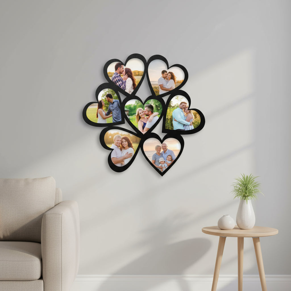 Heart-shaped photo collage frame with multiple heart cutouts on a white background