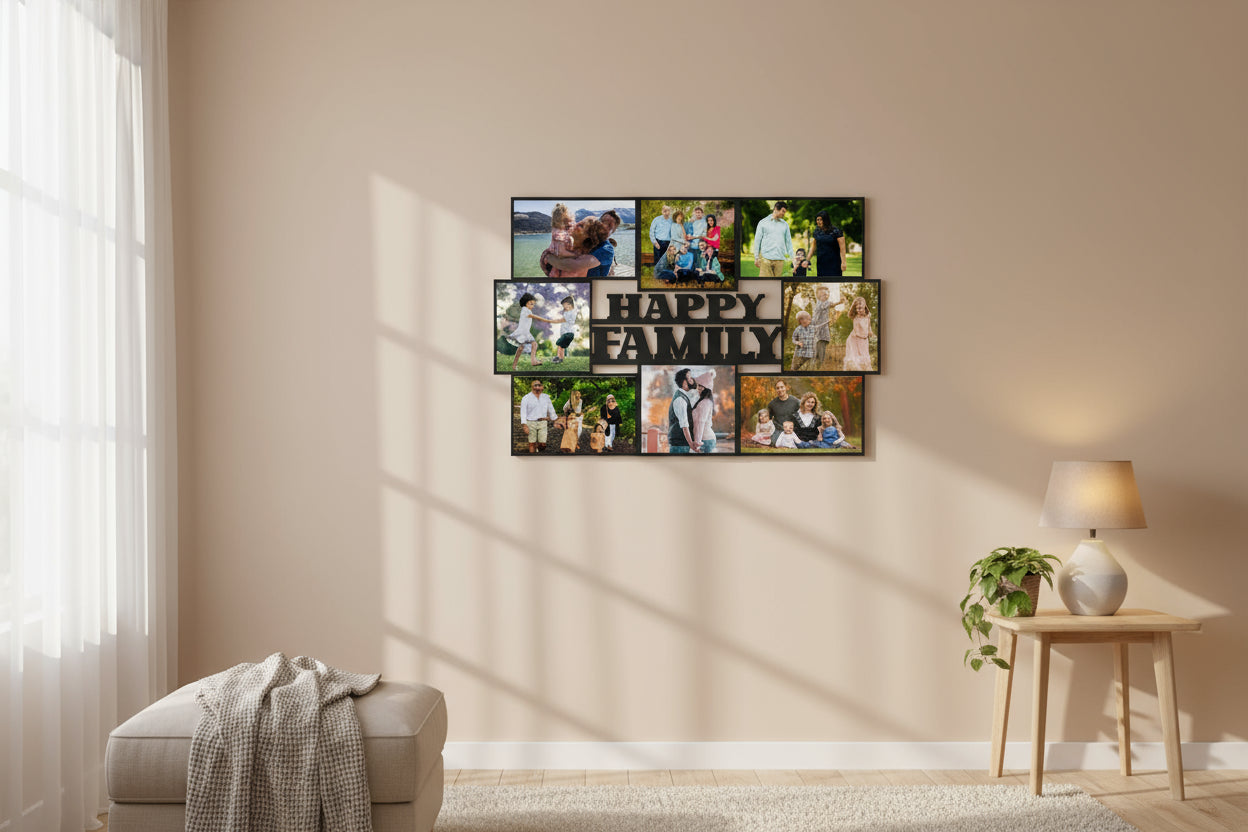 Collage of family photos with 'Happy Family' text and dimensions displayed.