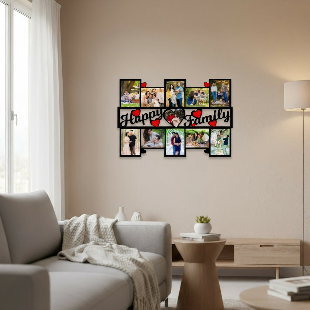 Collage of family photos with 'Happy Family' text and heart shapes on a white background