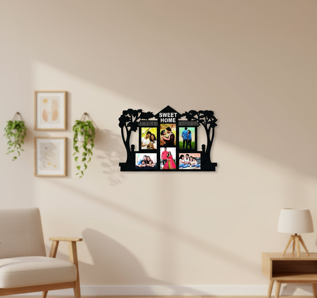 Decorative photo frame with silhouette design and family photos, labeled 'Sweet Home'.