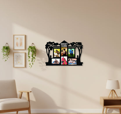 Decorative photo frame with silhouette design and family photos, labeled 'Sweet Home'.