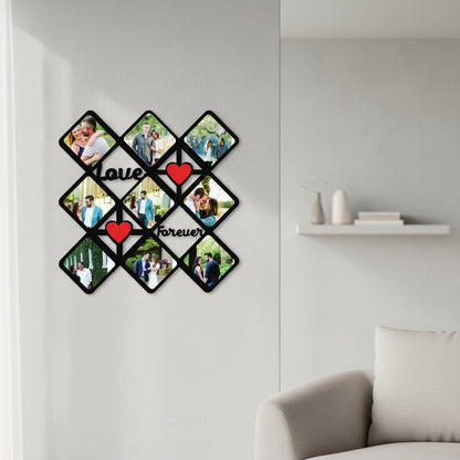 Heart-shaped photo collage with 'Love Forever' text and family photos, size 15x15 inches.