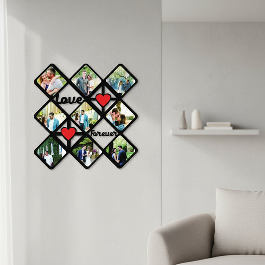 Heart-shaped photo collage with 'Love Forever' text and family photos, size 15x15 inches.