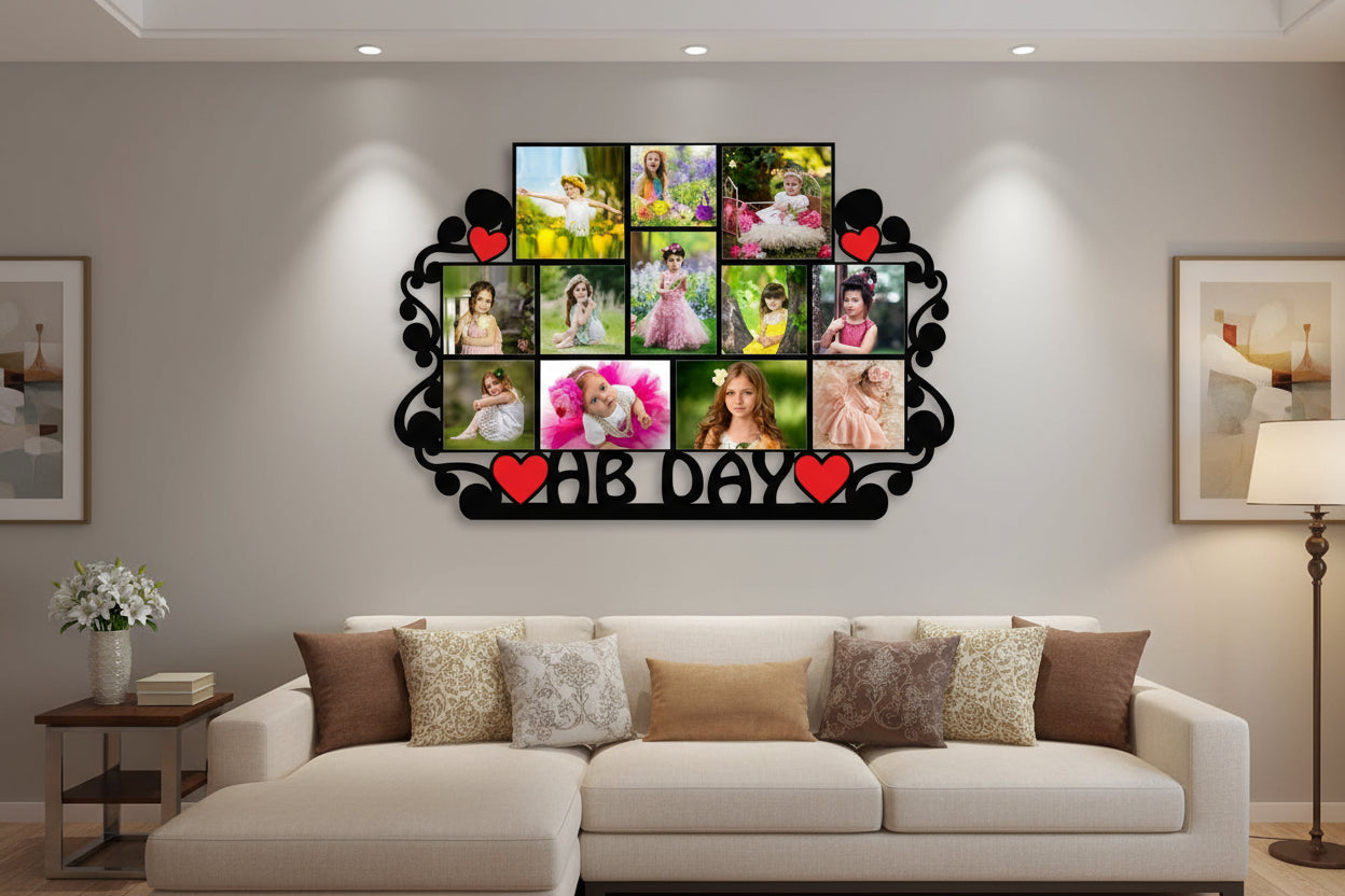 Collage of a young girl in various poses with decorative frame and 'HB Day' text.
