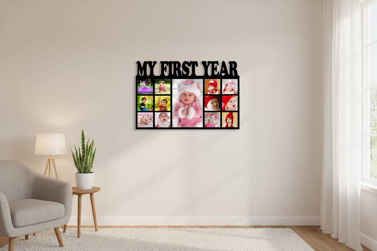 Collage of a baby's first year photos with text 'MY FIRST YEAR' and dimensions on a white background.