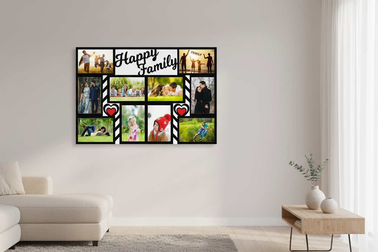 Collage photo frame with 'Happy Family' text and various family photos.