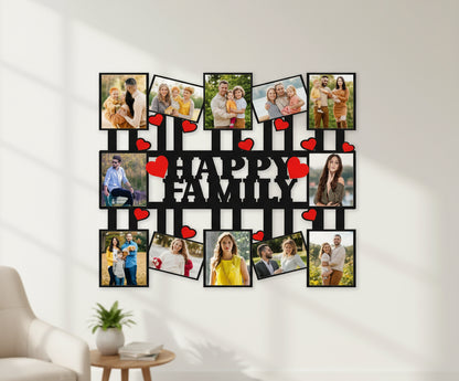 Collage of family photos with 'Happy Family' text and heart shapes on a white background.