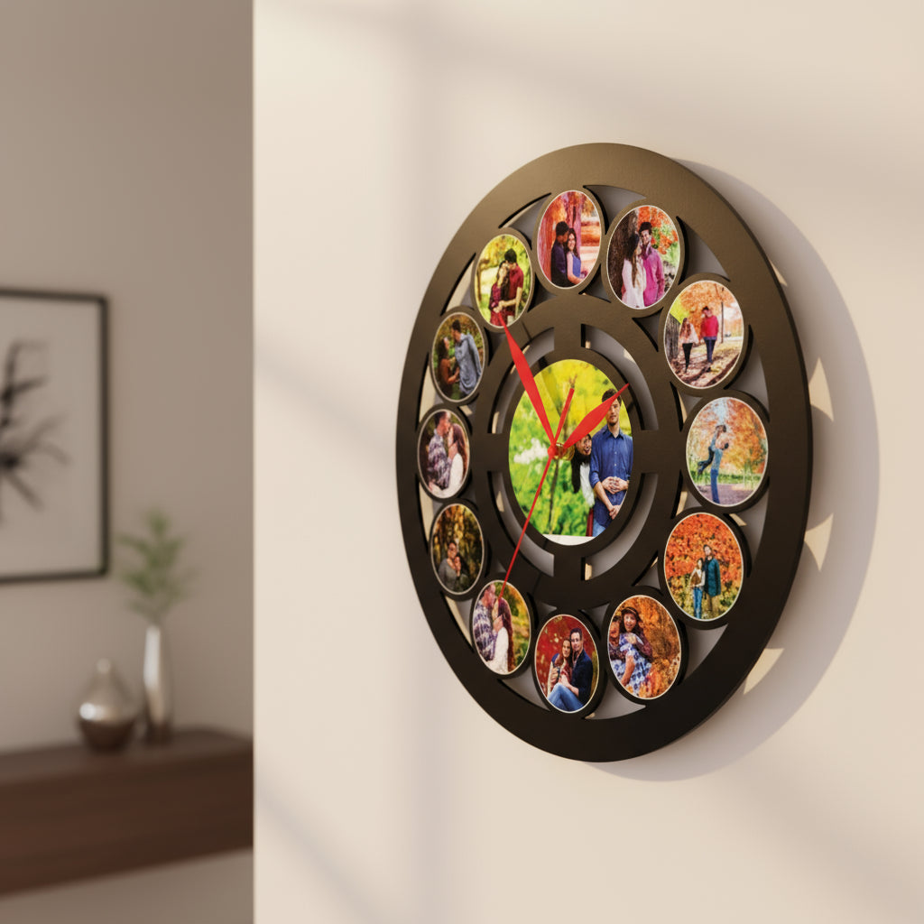 Wall clock with circular design featuring multiple smaller photos around the edge on a white background.