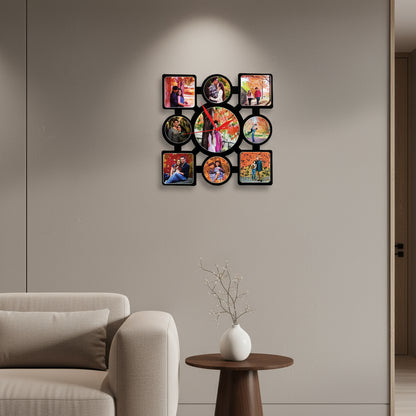 Wall clock with photo frames showing family moments, dimensions indicated.