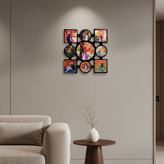 Wall clock with photo frames showing family moments, dimensions indicated.