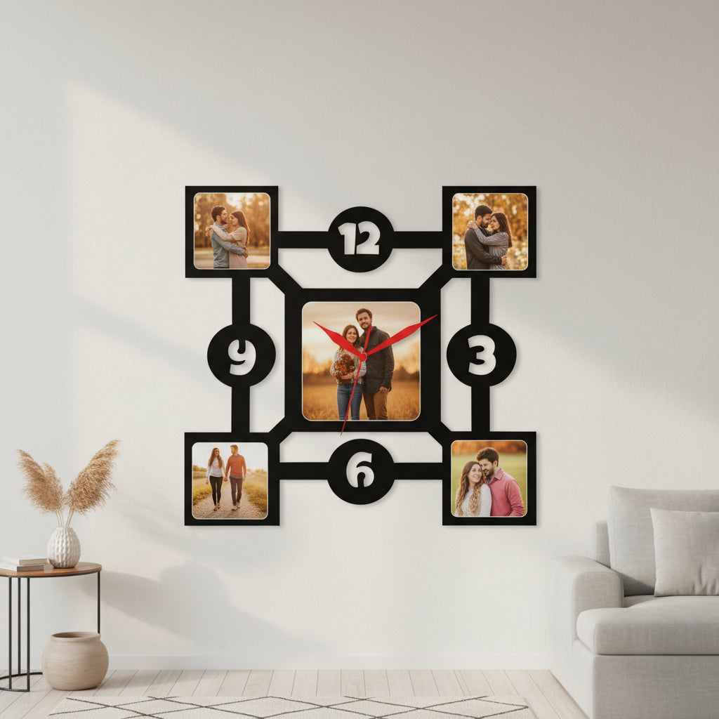 Decorative wall clock with photo frames showing people in various poses.
