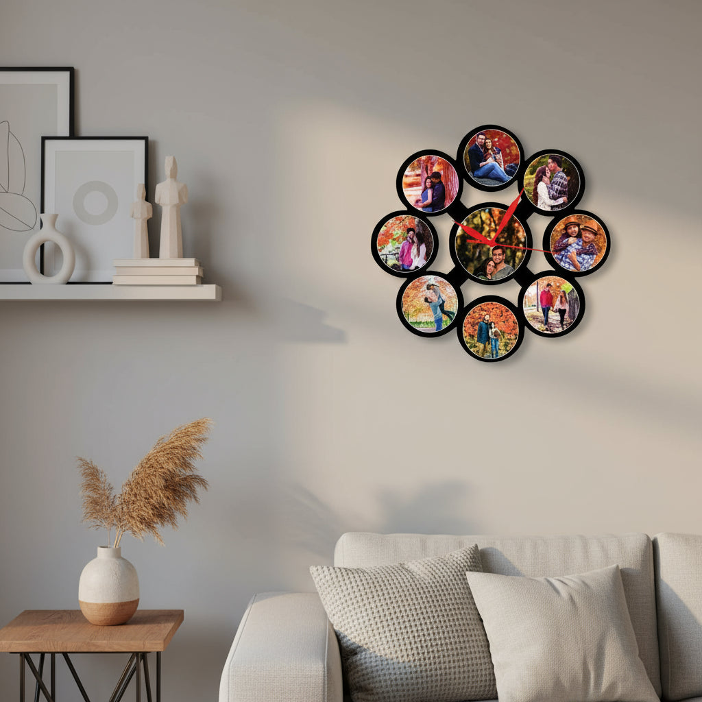 Wall clock with circular photo frames showing people in various poses, on a white background.