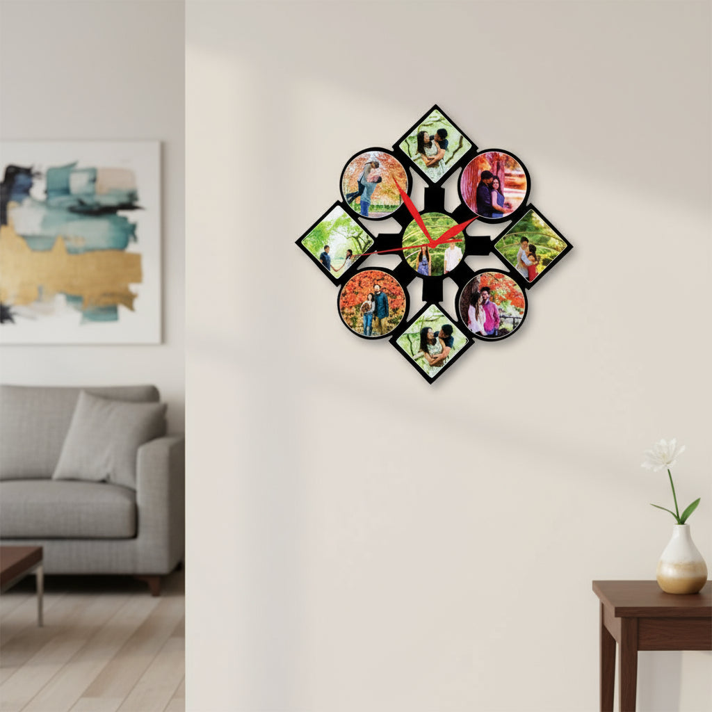 Wall clock with multiple photo frames showing people in various poses, on a white background.