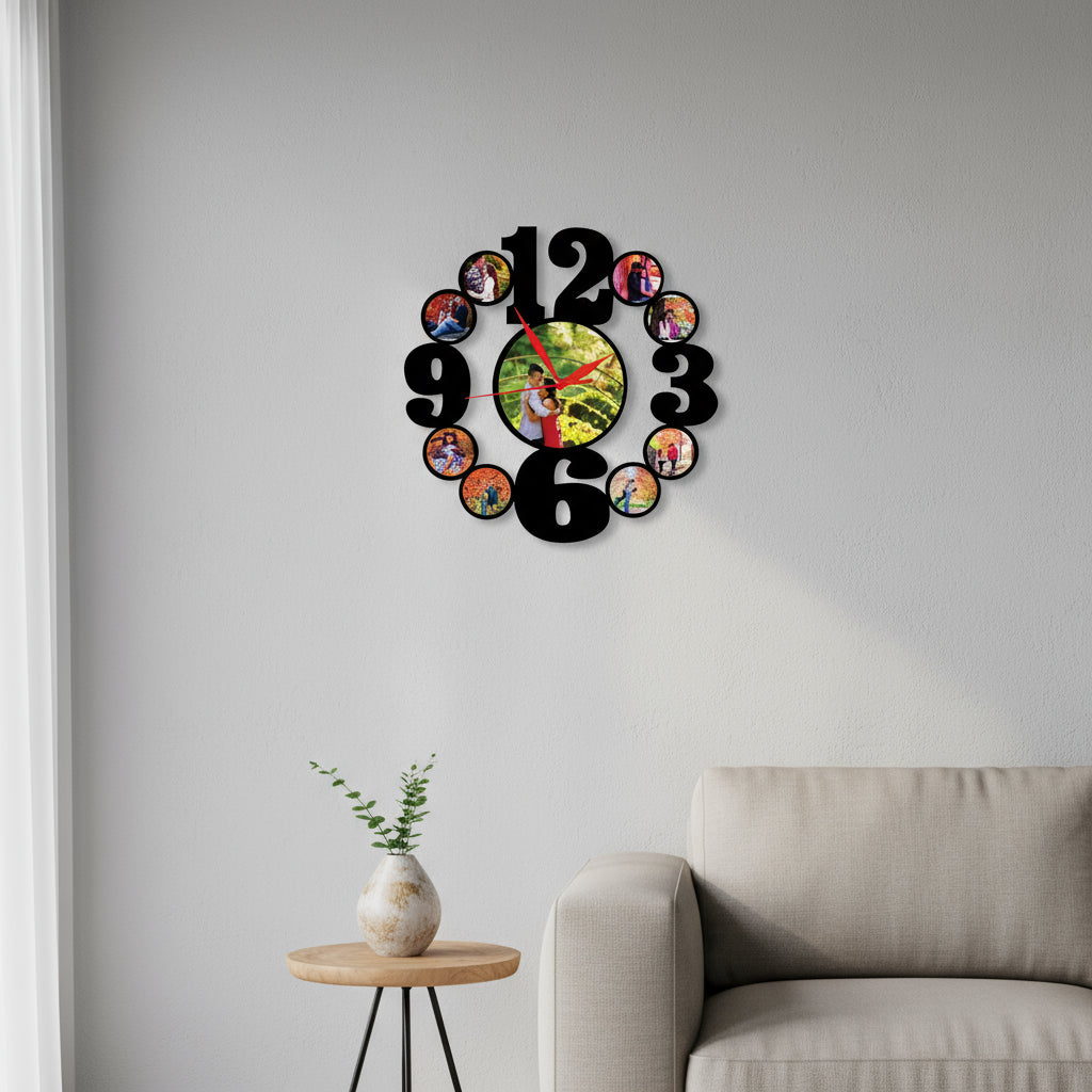 Wall clock with circular cutouts for photos, showing a couple in each, on a white background.
