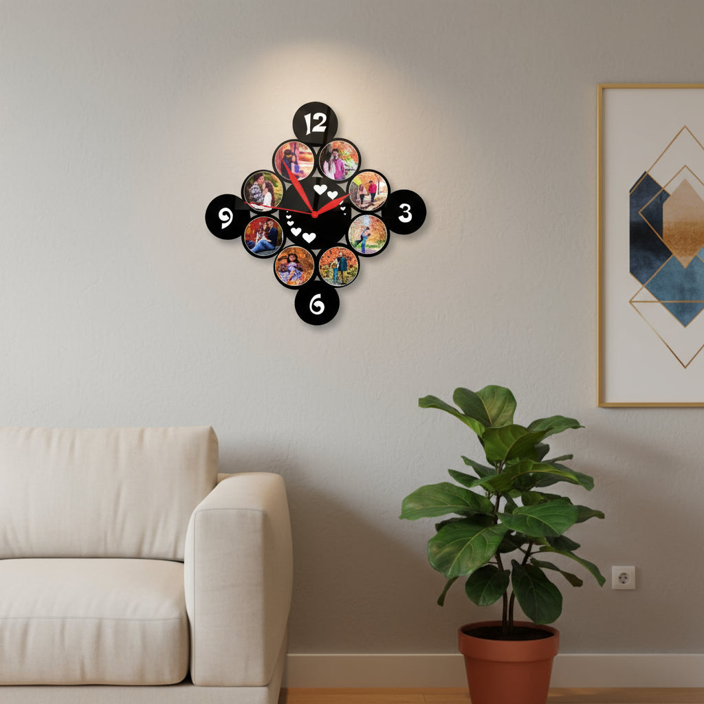 Wall clock with circular design featuring multiple photos of people and hearts, with measurements indicated.