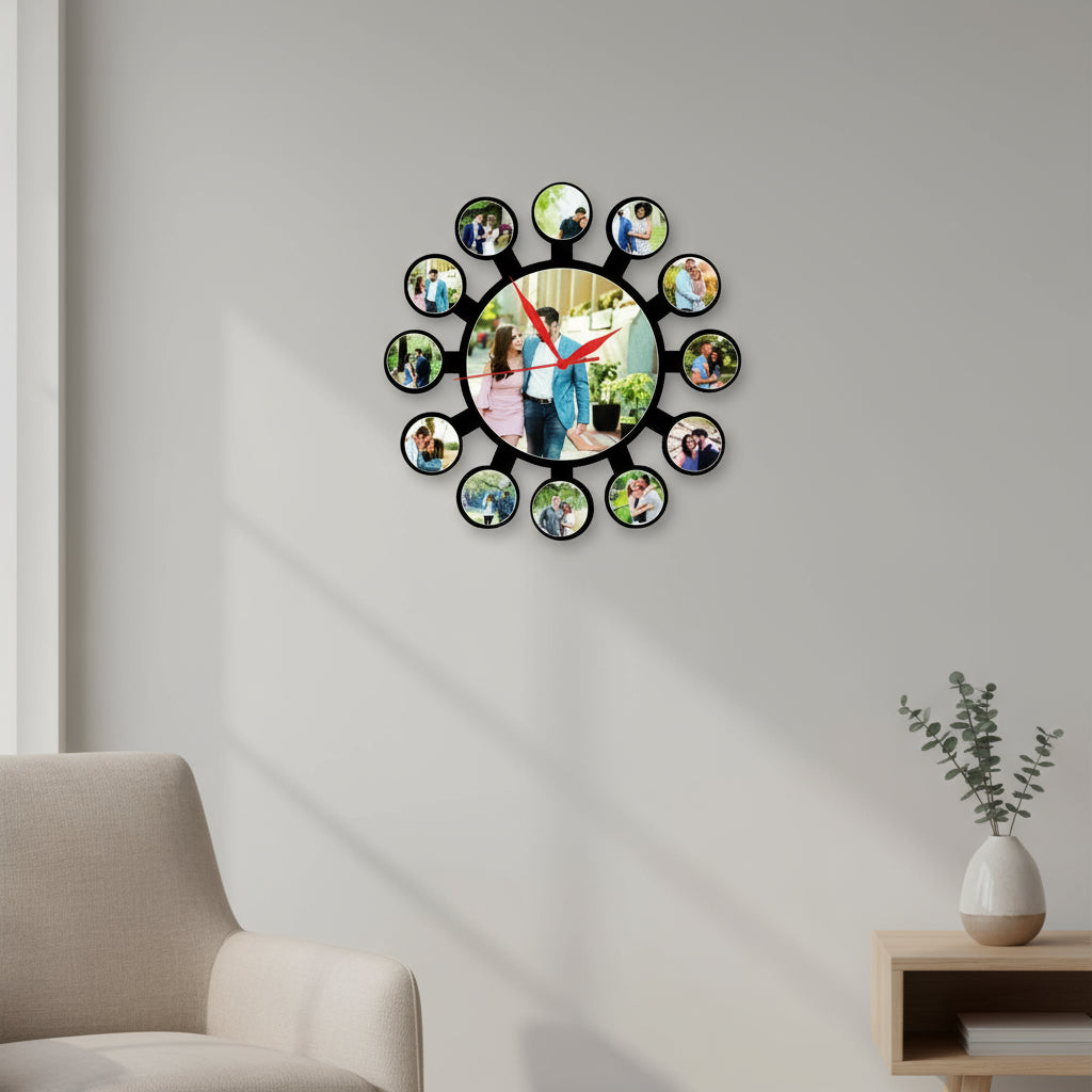 Wall clock with circular design showing multiple small photos around a central photo of a couple, with dimensions indicated.
