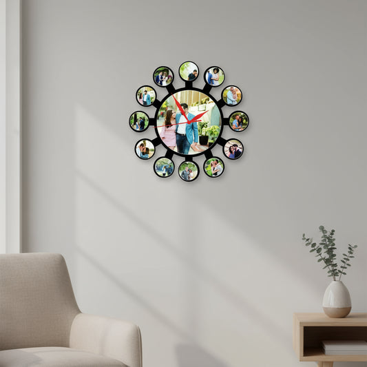 Wall clock with circular design showing multiple small photos around a central photo of a couple, with dimensions indicated.