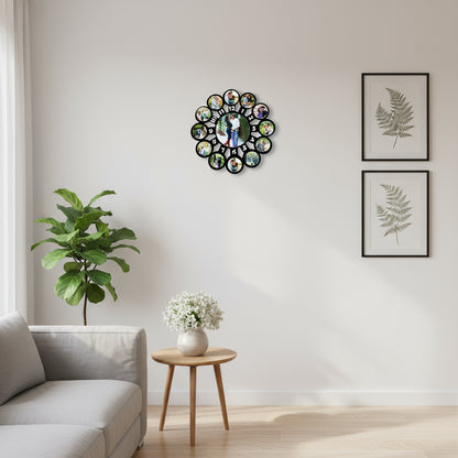 Circular photo collage frame with multiple smaller circular cutouts, each displaying a photo of a couple. The frame is 15 inches in diameter.