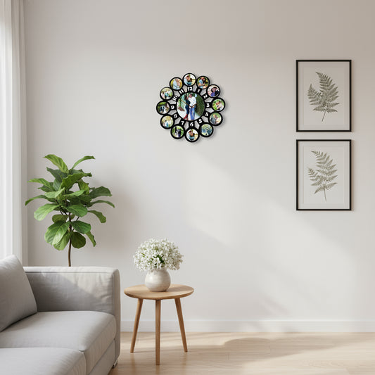 Circular photo collage frame with multiple smaller circular cutouts, each displaying a photo of a couple. The frame is 15 inches in diameter.