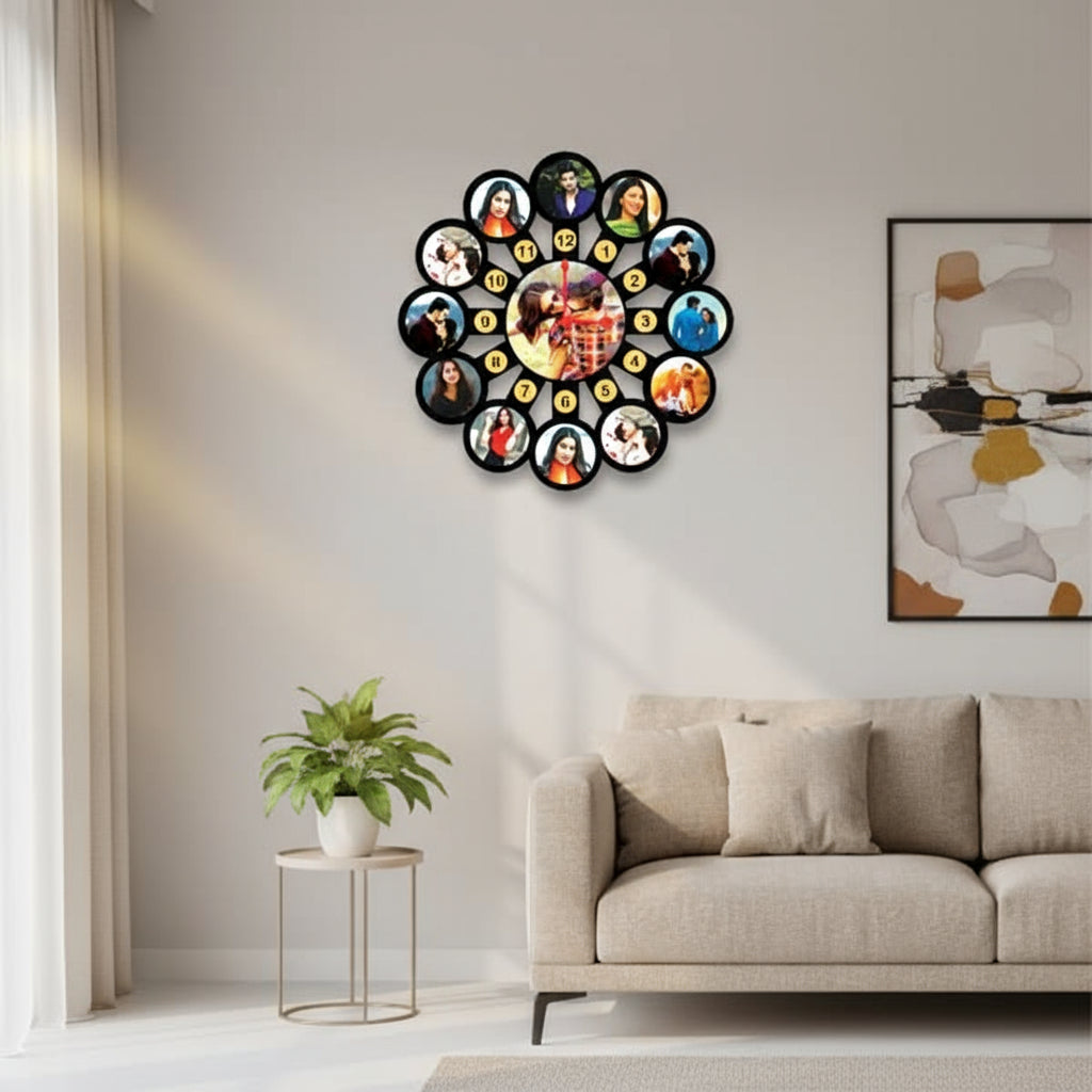 Decorative wall clock with circular design featuring small photo frames of people and a couple.