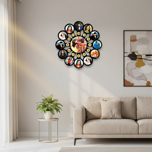 Decorative wall clock with circular design featuring small photo frames of people and a couple.