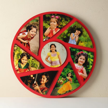 Circular decorative item with multiple photos of a child on a textured white background