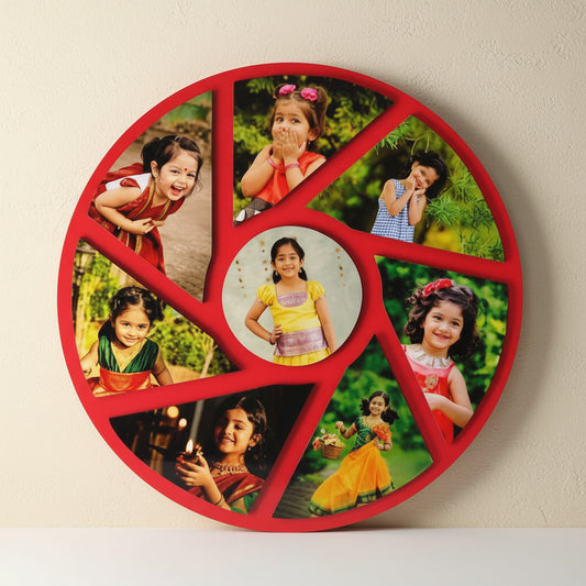 Circular decorative item with multiple photos of a child on a textured white background