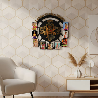 Decorative wall clock with multiple small photos around it on a textured white background
