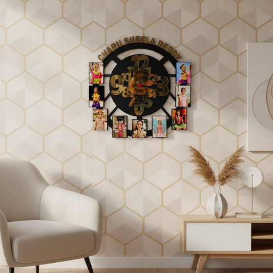 Decorative wall clock with multiple small photos around it on a textured white background