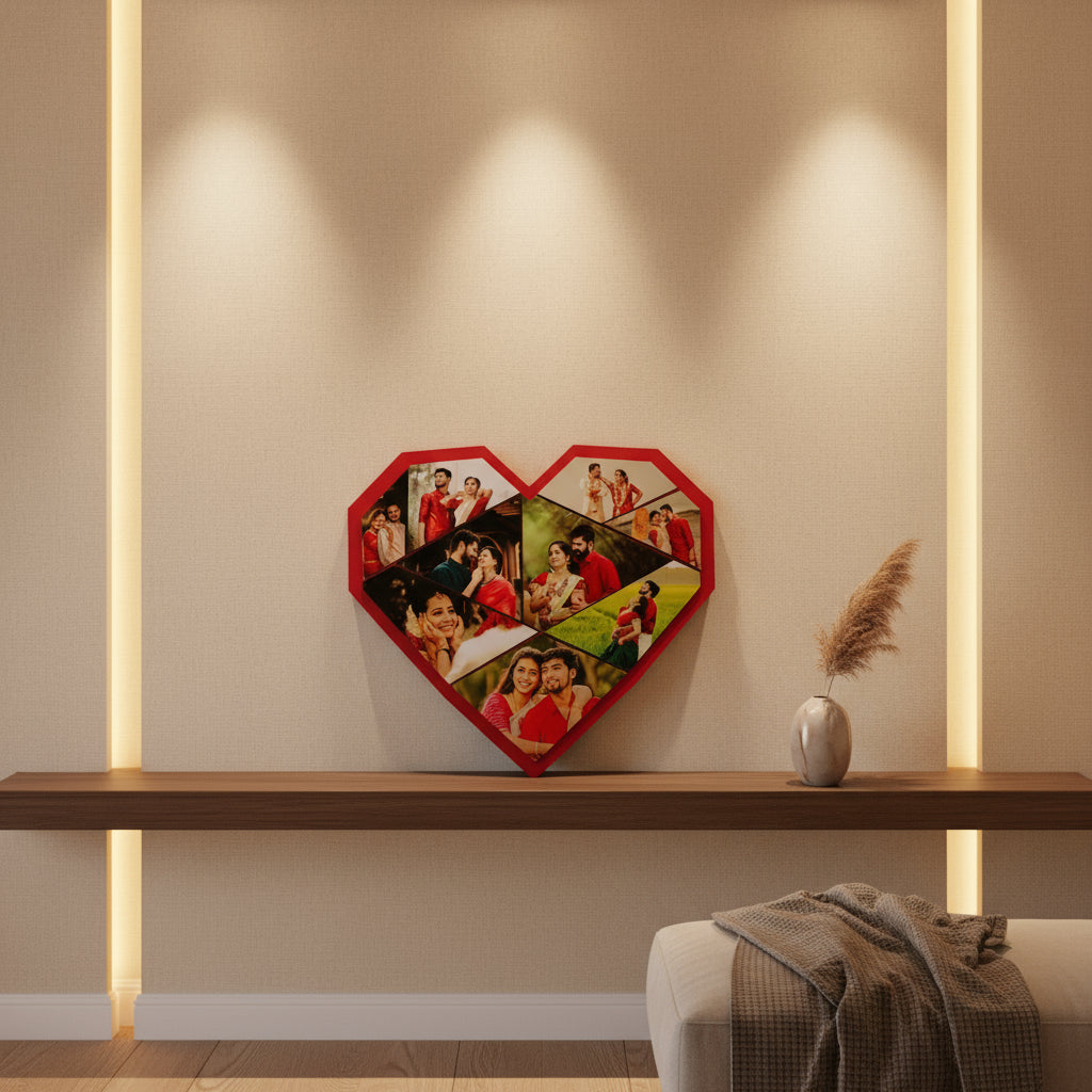 Heart-shaped photo collage with multiple images of a couple on a textured white wall.