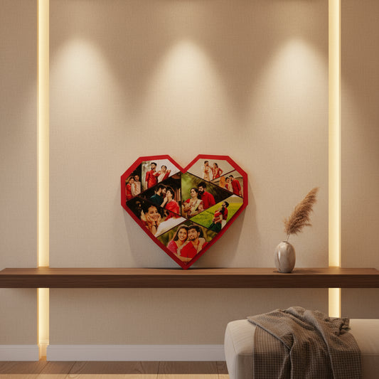 Heart-shaped photo collage with multiple images of a couple on a textured white wall.